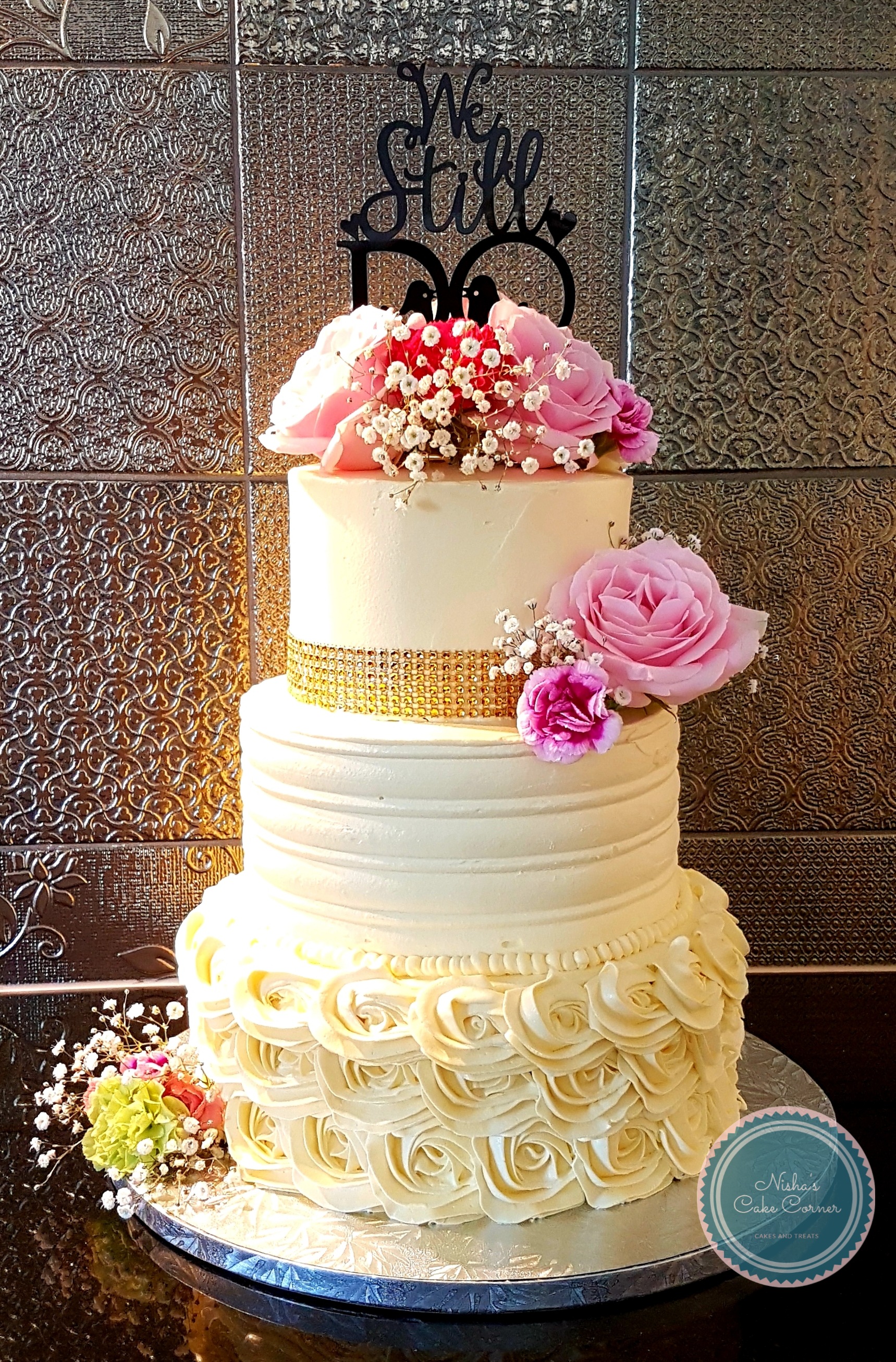 Three-Tier 'We Still Do' Anniversary Cake with Roses
