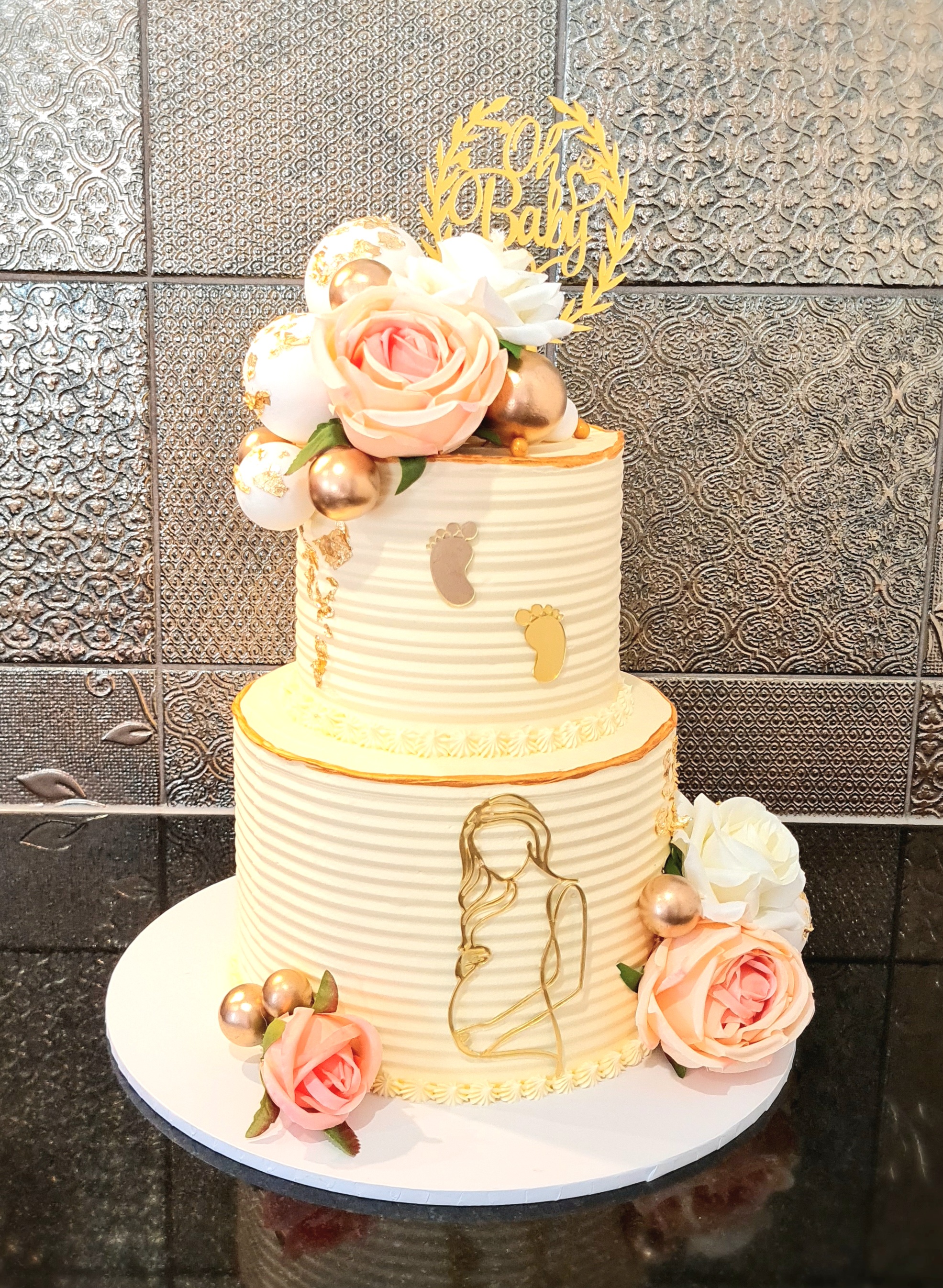 Sophisticated White and Gold Baby Shower Cake with Roses