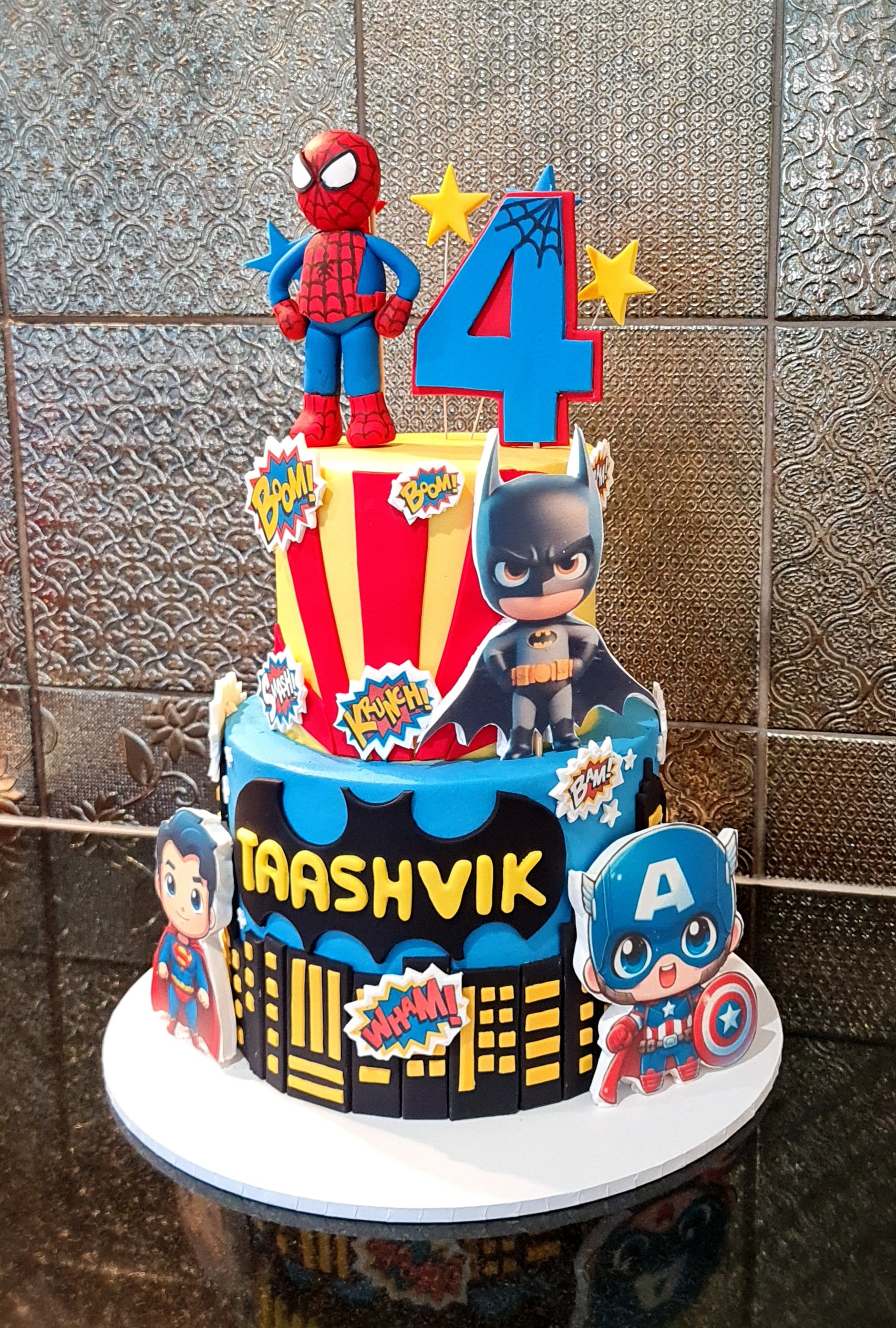 Chibi superhero (Spiderman, Batman, Superman, Captain America) 4th birthday cake for Taashvik