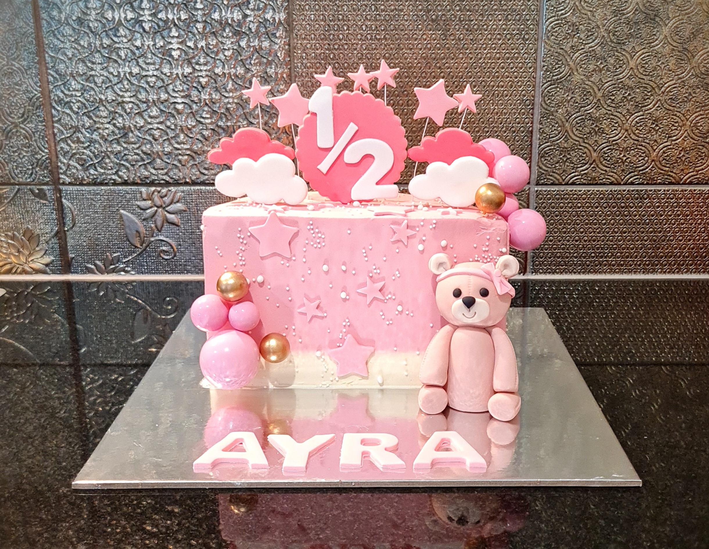 Pink Half Birthday Cake with Teddy Bear for Ayra's 6-month celebration
