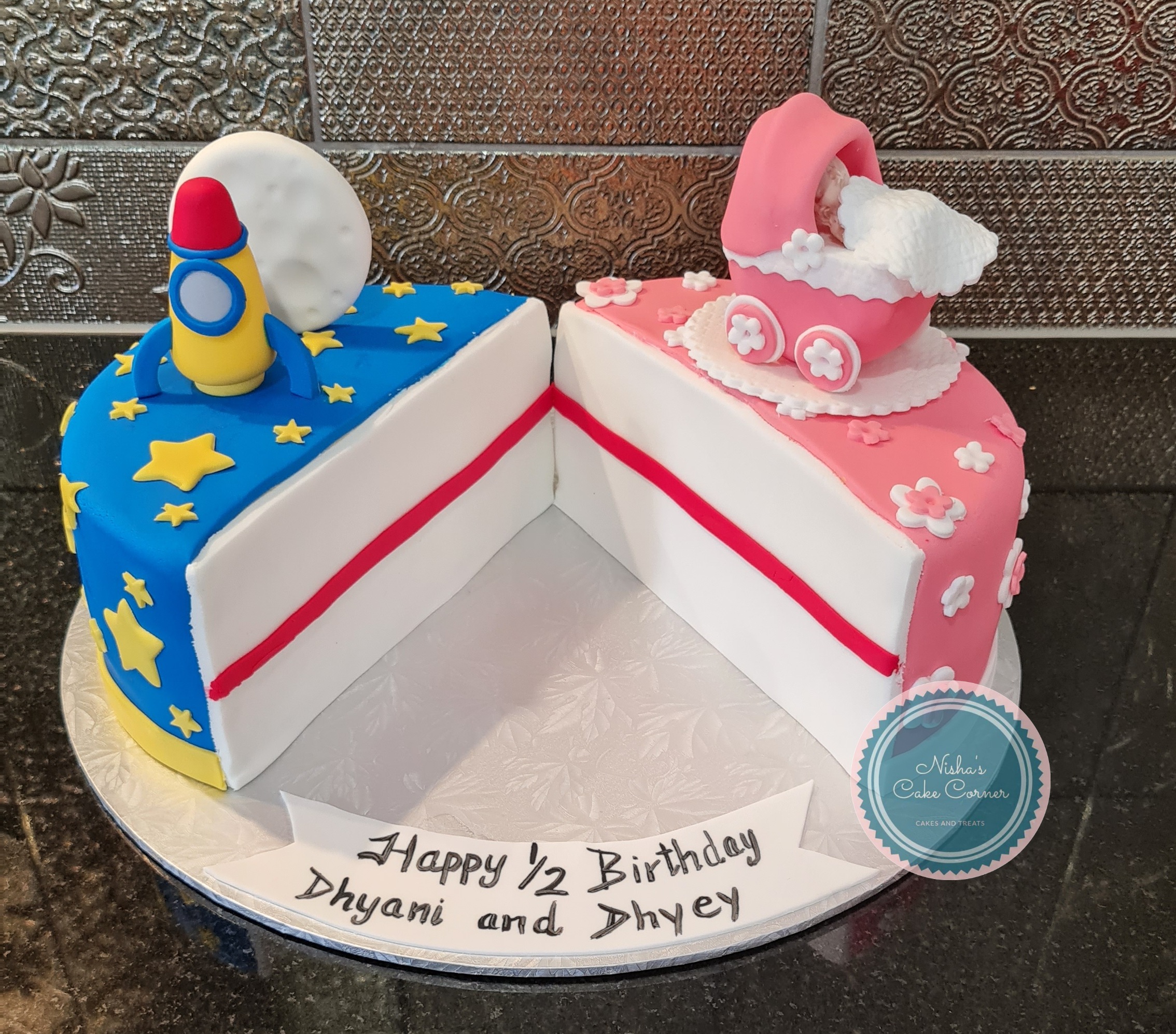 Half Birthday Cake - Rocket and Pram Theme for Dhyani and Dhyey's celebration