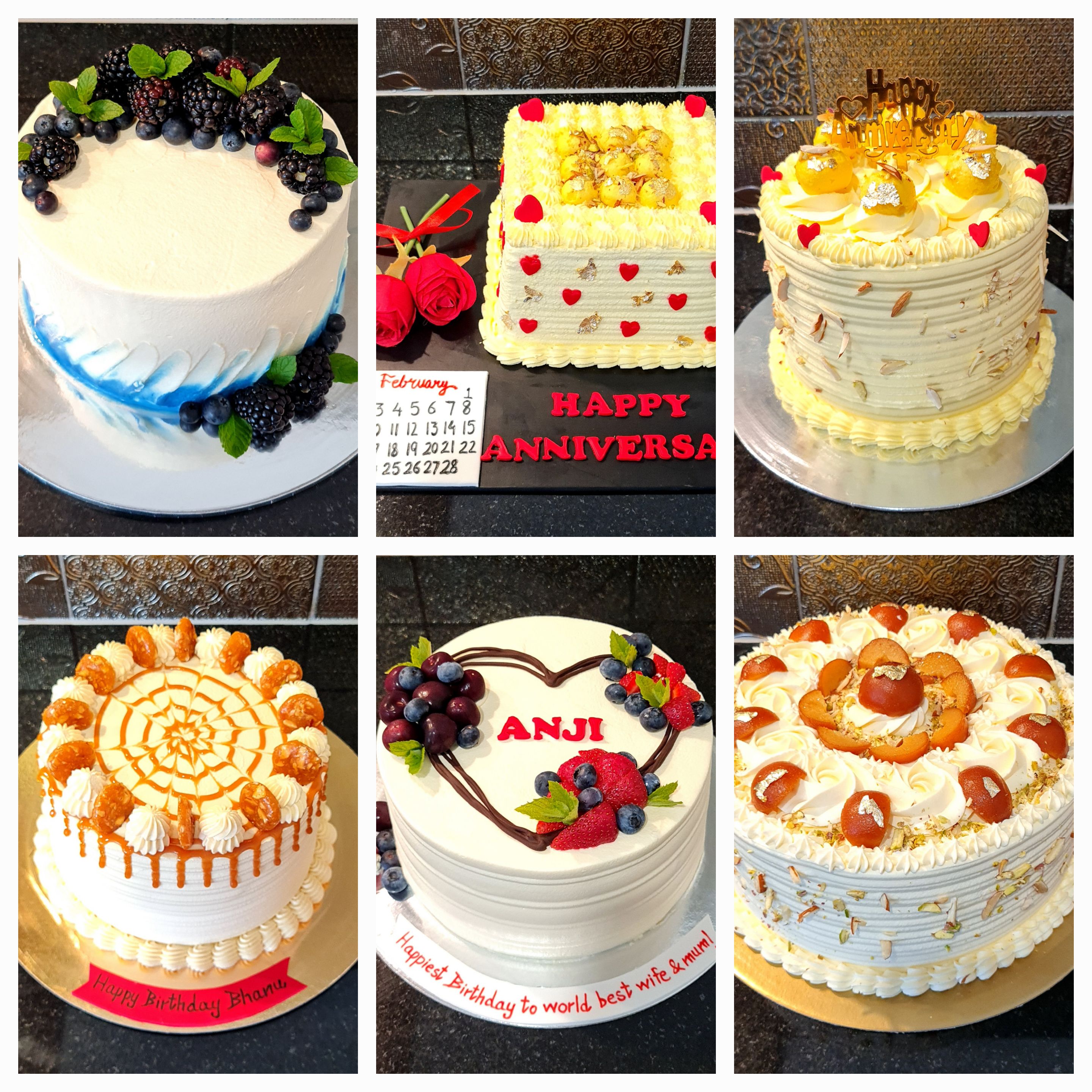 Collection of elegant fresh cream cakes with berry toppings and anniversary designs from Nisha's Cake Corner