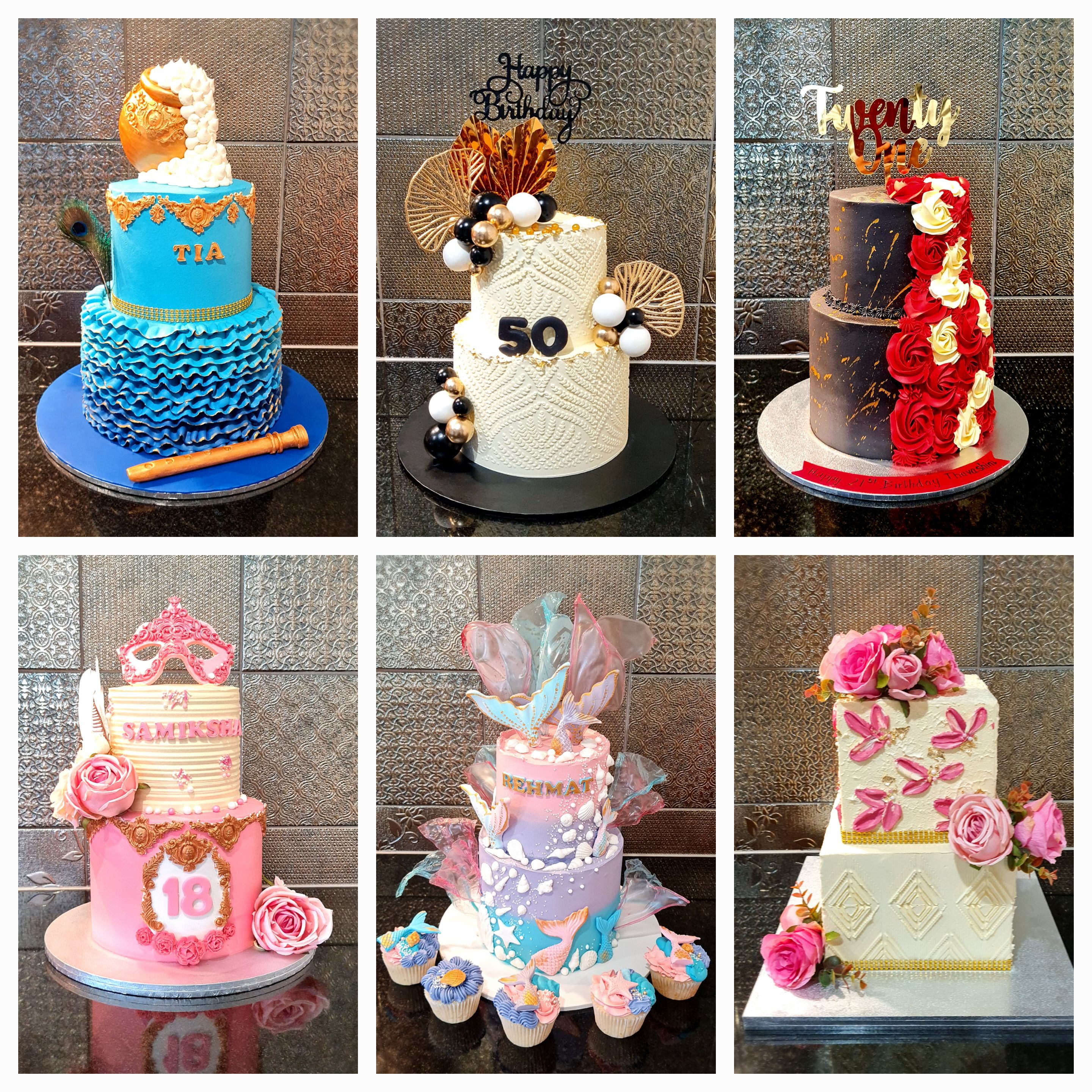 Elaborate milestone cakes including cricket-themed, 50th birthday, and elegant tiered celebration cakes with roses