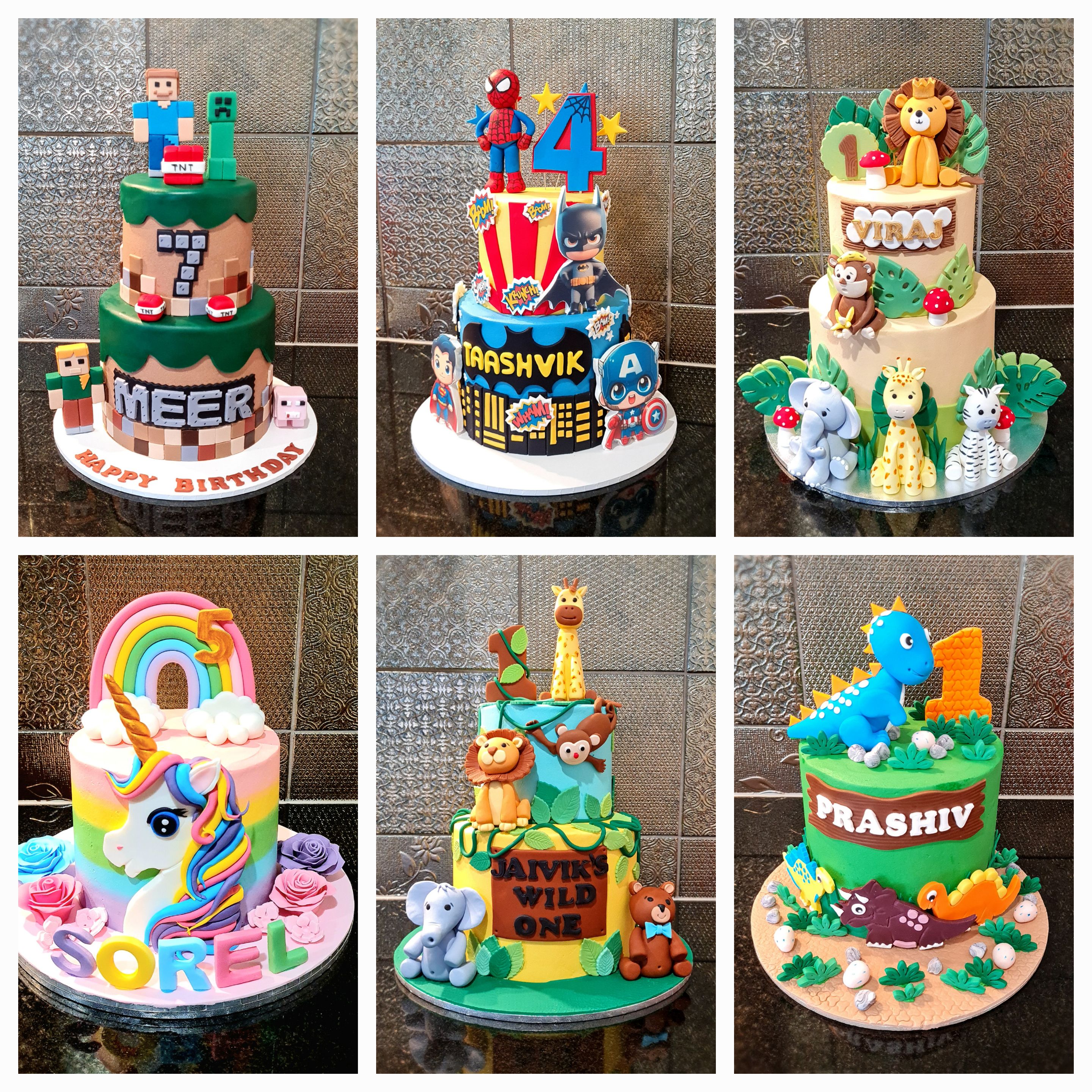 Creative themed cakes featuring Minecraft, superhero, jungle safari, unicorn, and dinosaur designs