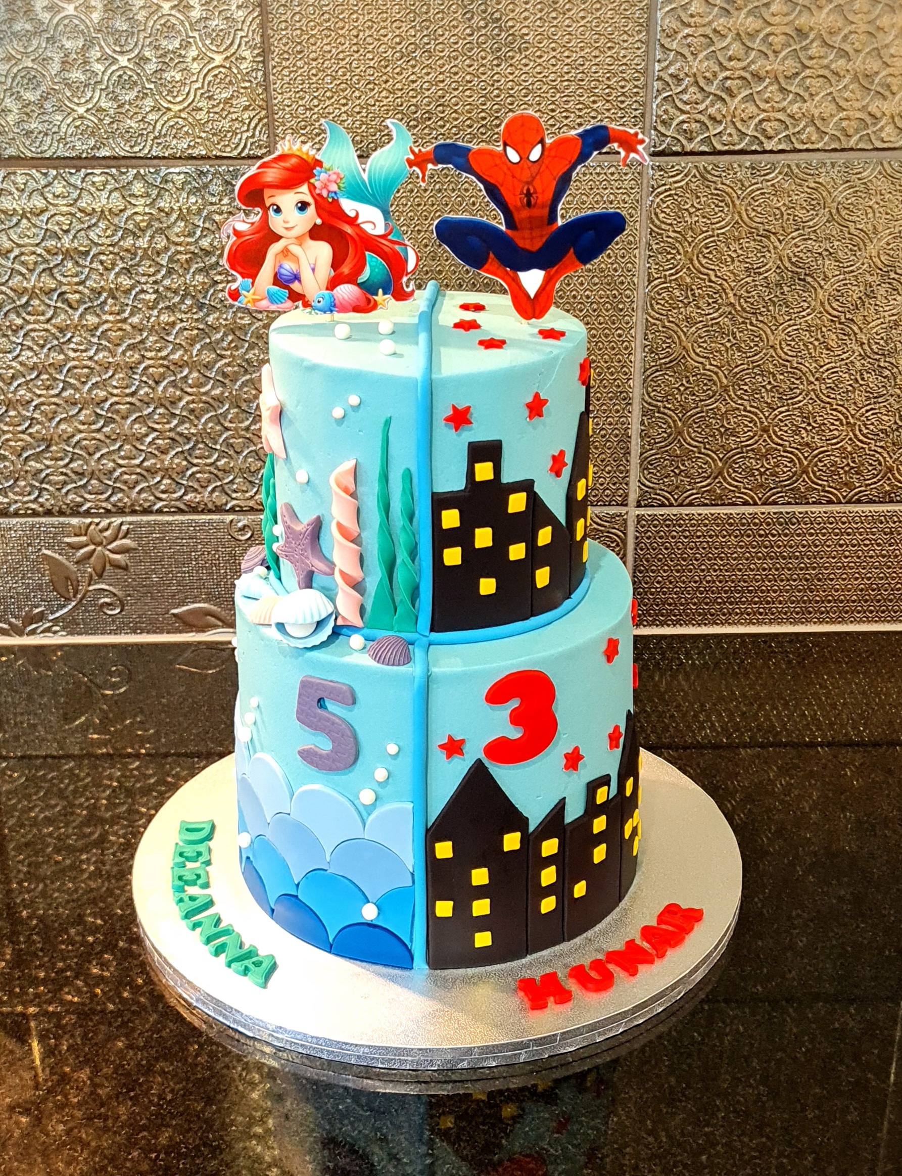 Split Little Mermaid (Devanna, 5) and Spiderman (Hunar, 3) two-tier birthday cake