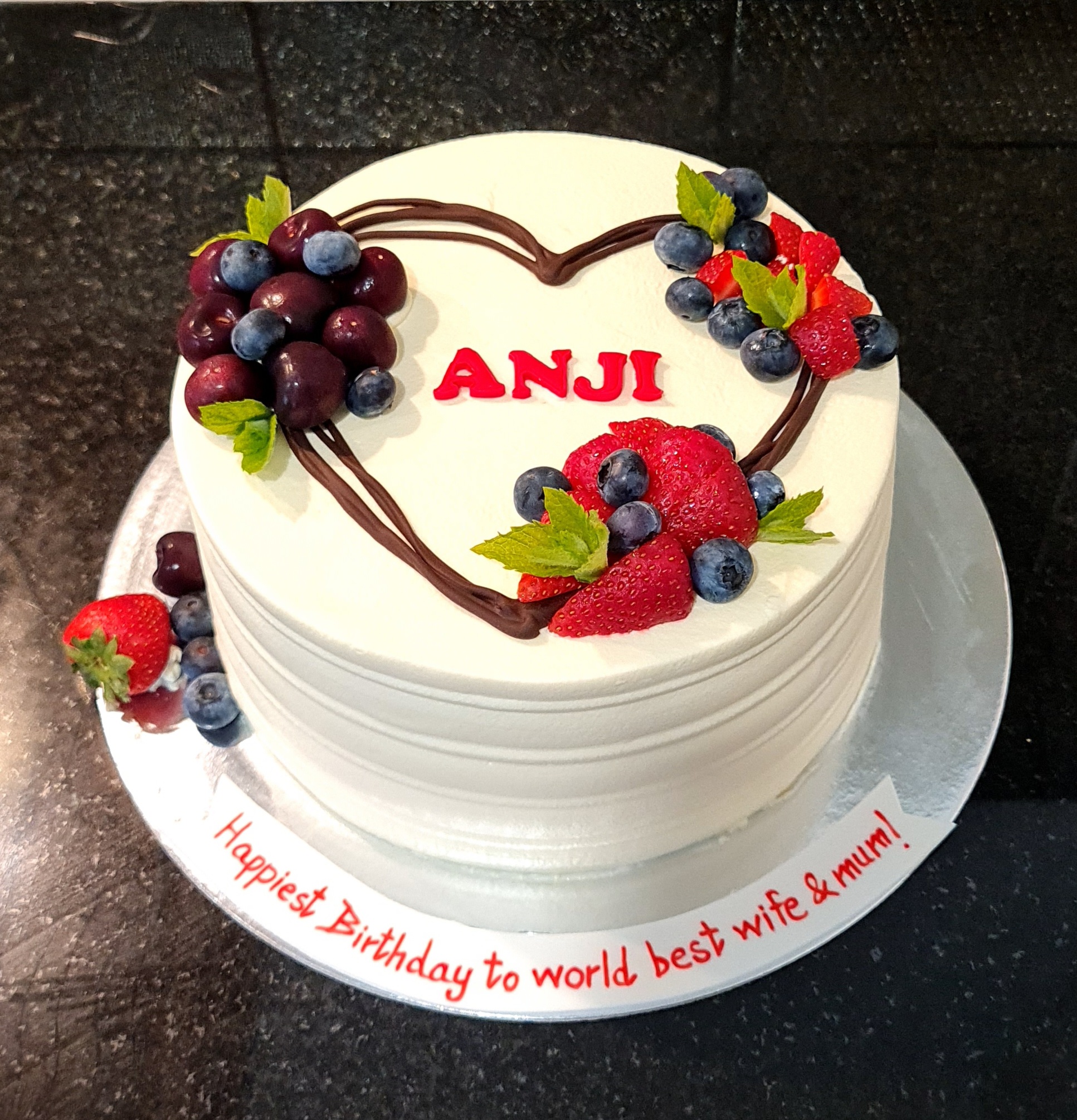 Mixed Berries Fresh Cream Cake with strawberries, blueberries, cherries and chocolate heart for Anji's birthday