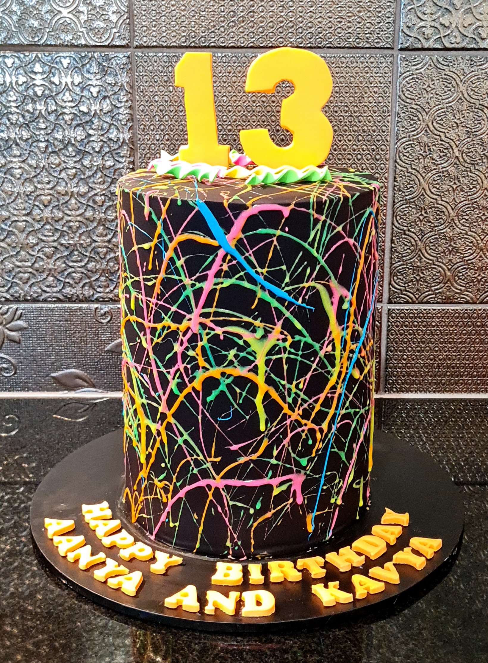 Neon Splatter Paint Cake for 13th Birthday celebration (Aanya & Klavya)