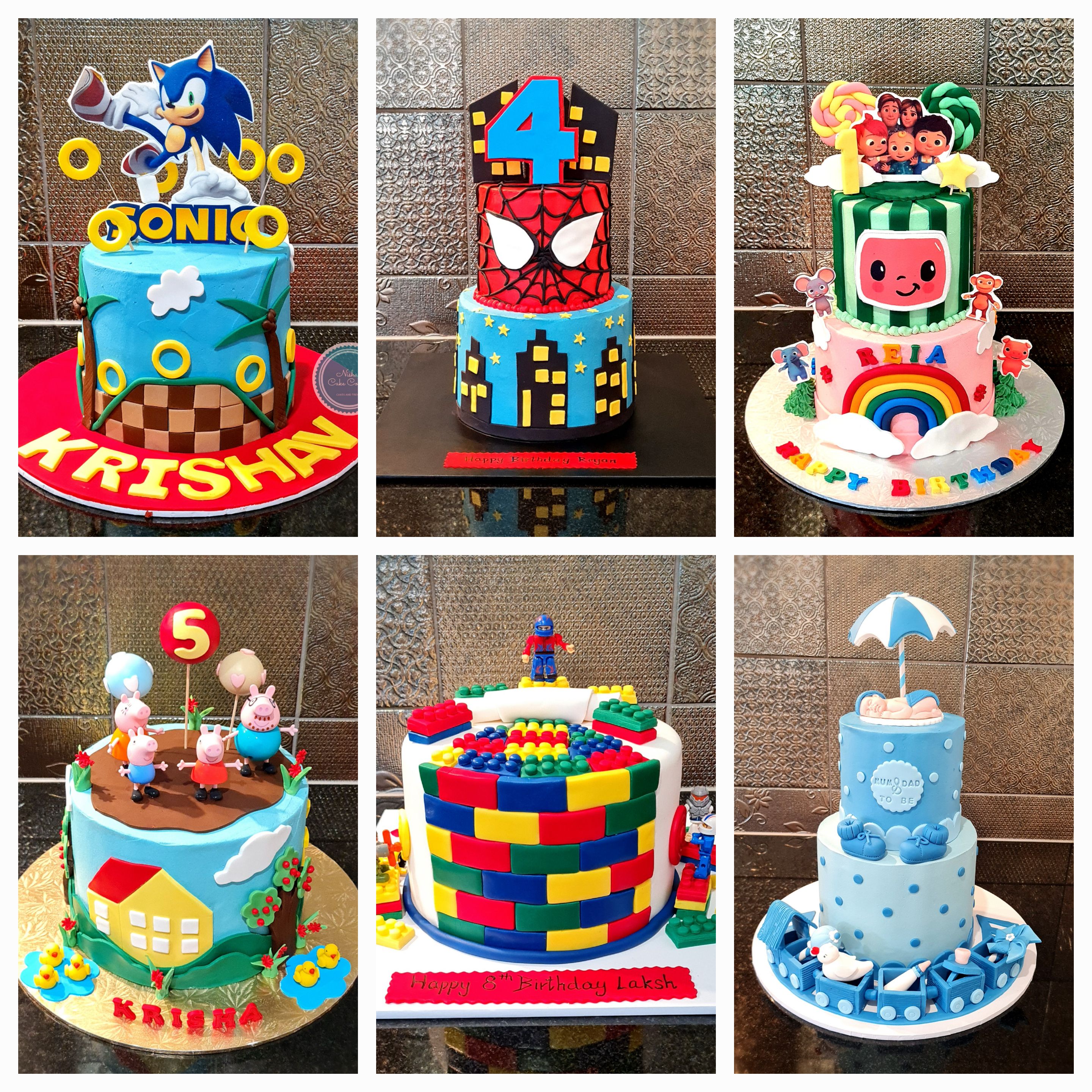 Showcase of Nisha's themed birthday cakes including Sonic, Spider-Man, Cocomelon, Peppa Pig, Lego, and baby shower designs - all 100% eggless cakes from Wellington's Nisha's Cake Corner