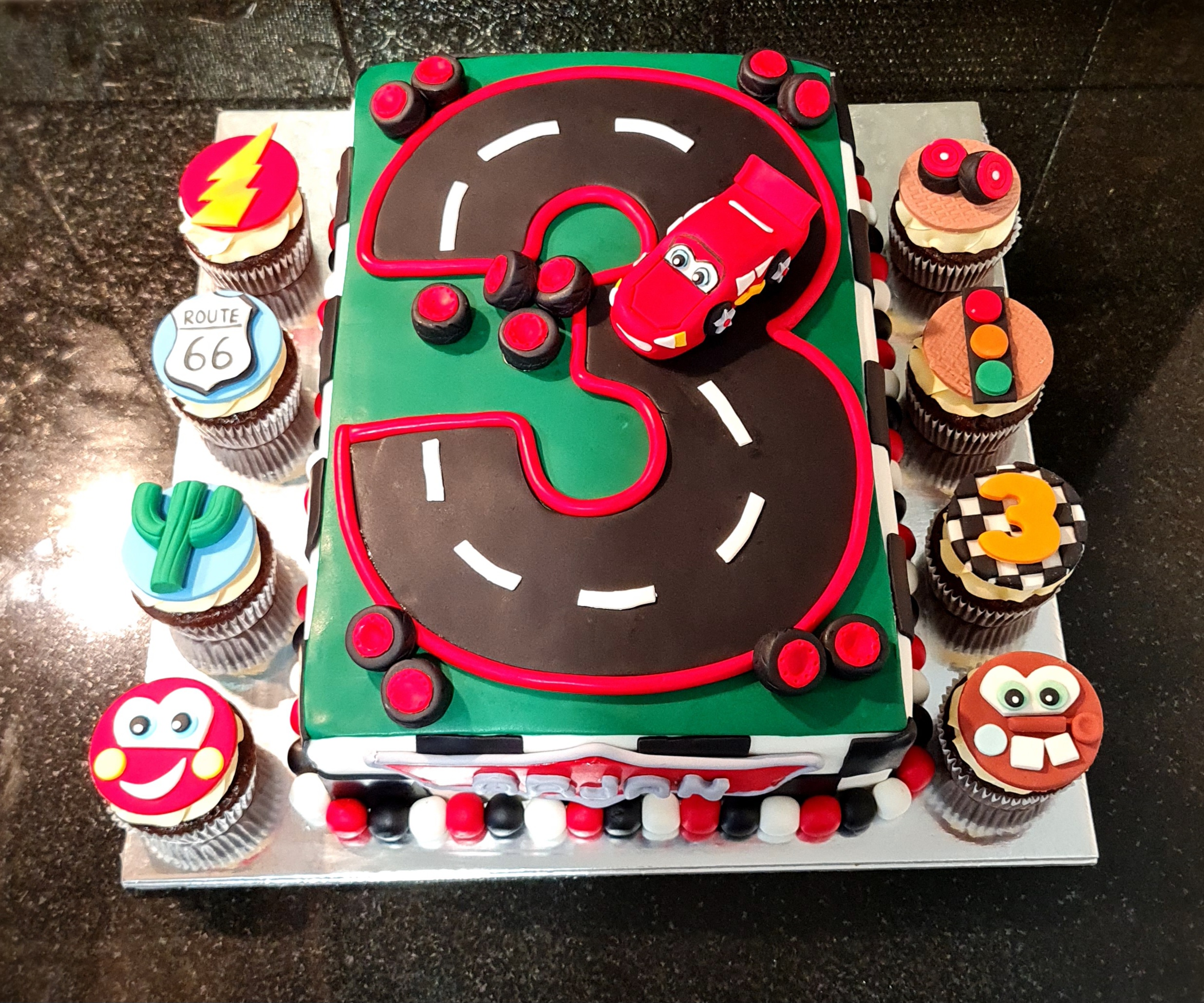 Disney Cars Number 3 Cake with Matching Cupcakes for Birthday celebration