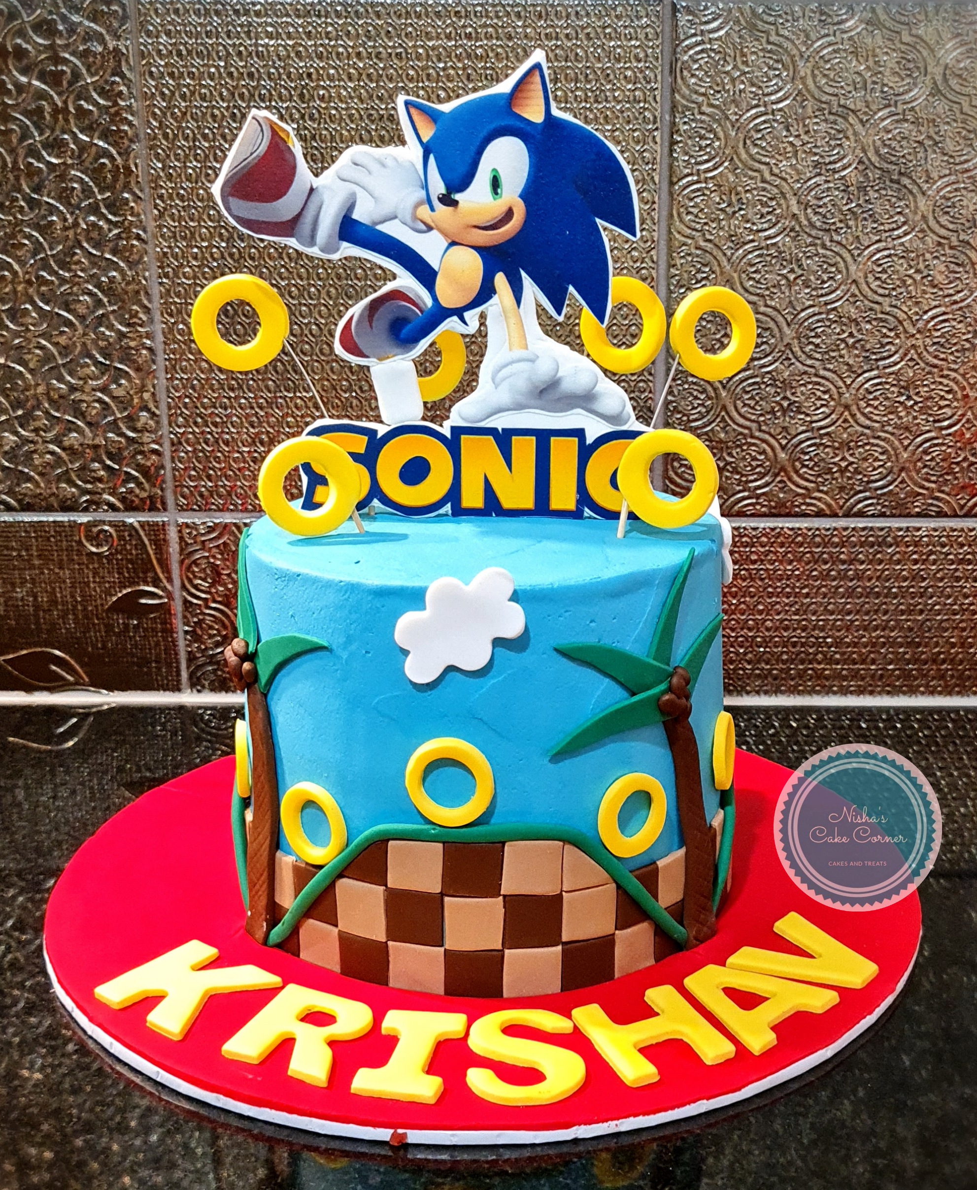 Sonic the Hedgehog themed birthday cake with gold rings for Krishav
