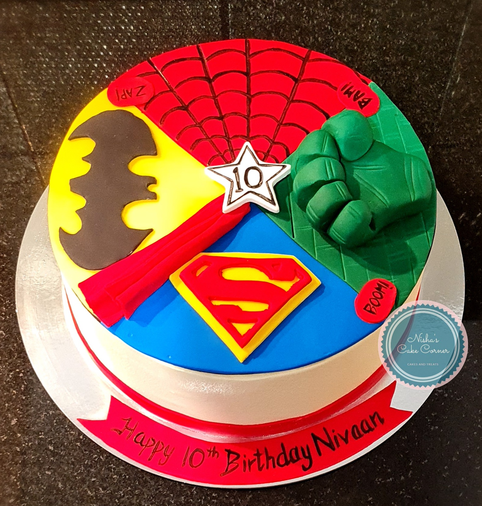 Multi-superhero 10th birthday cake for Nivaan (Batman, Spiderman, Superman, Hulk)